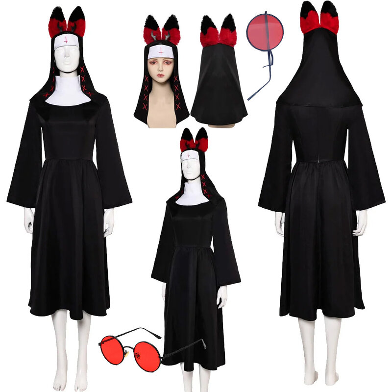 Female Alastor Hat Cosplay Costume Headwear Anime Hazbin Black Nun Dress Cap Outfit Women Halloween Carnival Party Roleplay Suit