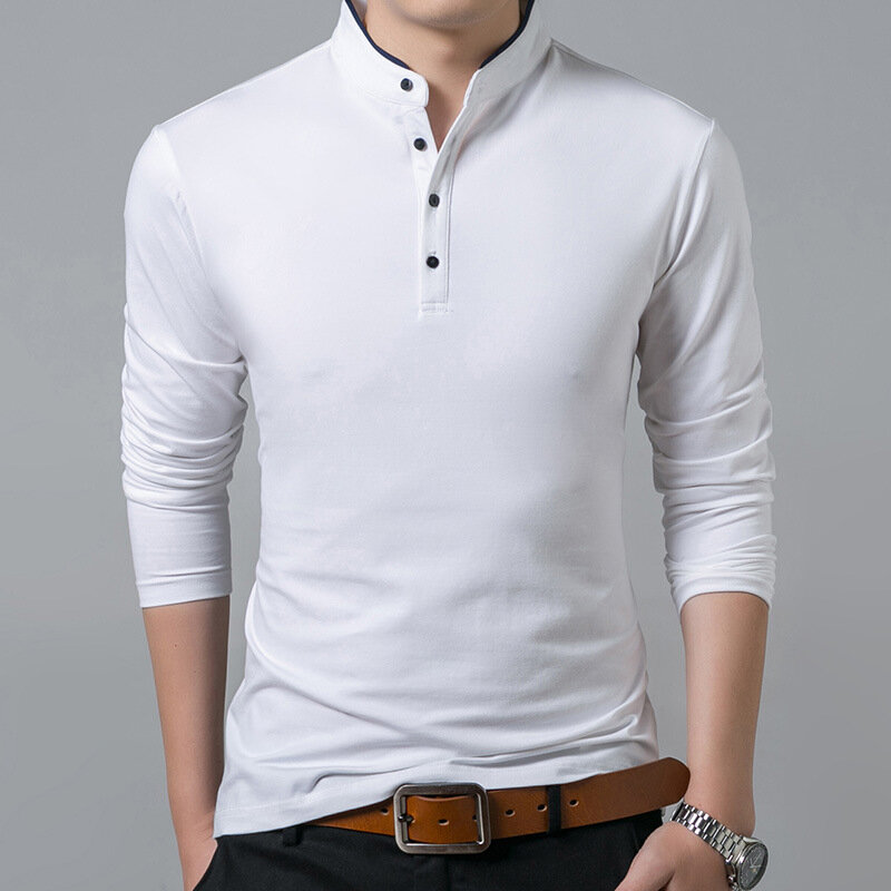 Camisa polo casual empresarial masculina, manga longa, confortável e respirável, top de algodão sólido, verão