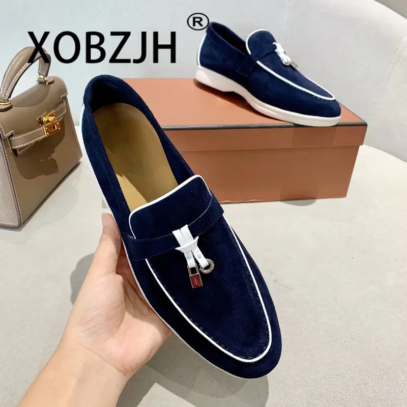 Loafers Black Suede Genuine Leather Moccasins Summer Women Walk Shoes Causal Metal Lock Tassel Slip On Flats Driving Shoes Black
