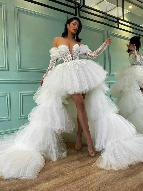 Vestido de noiva feminino de tule manga comprida, vestido de noiva clássico, elegante e charmoso, bainha removível, 2024