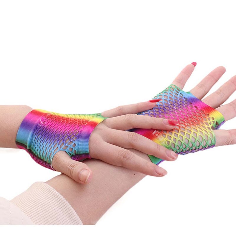Elasticità Sexy Short Half Finger Girl Party per le donne maniche del braccio guanti per rete da pesca guanti in Nylon Color arcobaleno