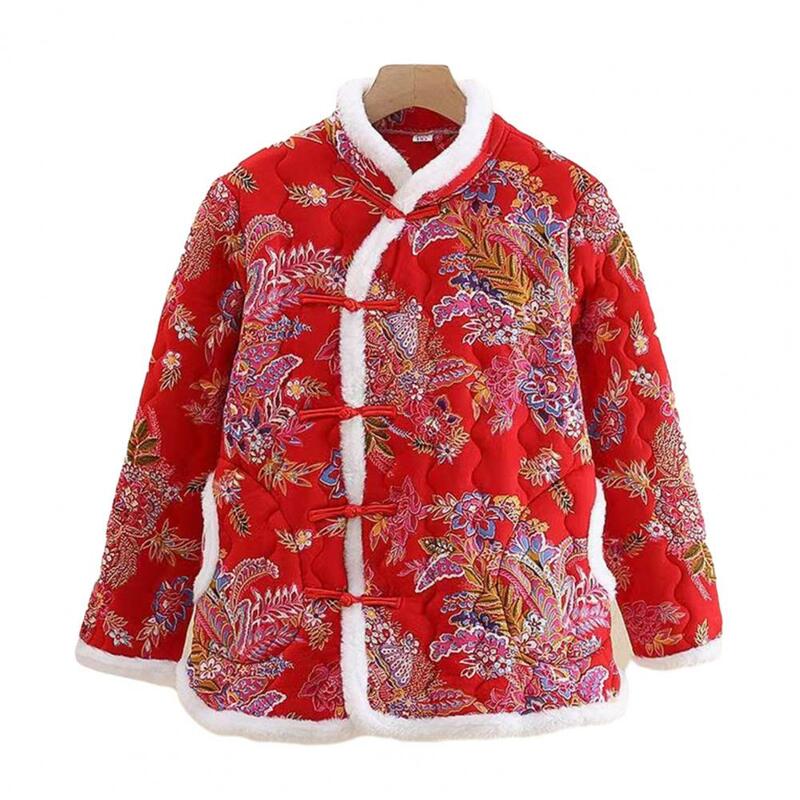 여성용 플로럴 프린트 면 재킷, 두꺼운 따뜻한 플리스 안감, 플러시 V넥 매듭 단추 포켓 퀼트 코트, 가을 겨울