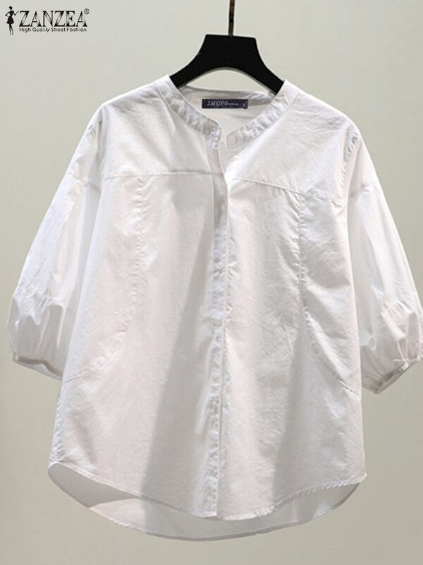 ZANZEA-Blusa feminina com o pescoço, camisa manga 3/4, blusa elegante de trabalho, botões sólidos para baixo, tops soltos femininos, túnica, verão, 2022