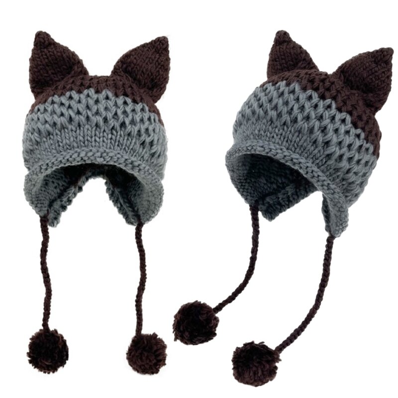 Женская вязаная шапка-ушанка с милыми кошачьими ушками в стиле Харадзюку, зимняя теплая шапка с черепом, Прямая поставка