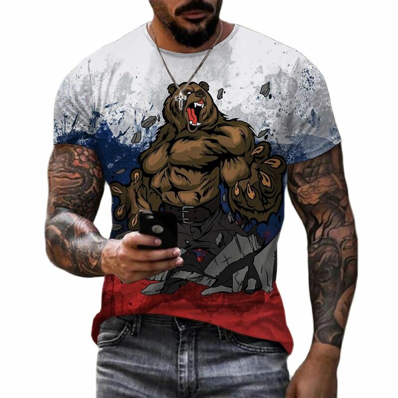 Bandeira masculina da Rússia T-Shirt, Estampa de Urso Russo, Manga curta, roupas masculinas, Top extragrande, Streetwear, Nova Moda