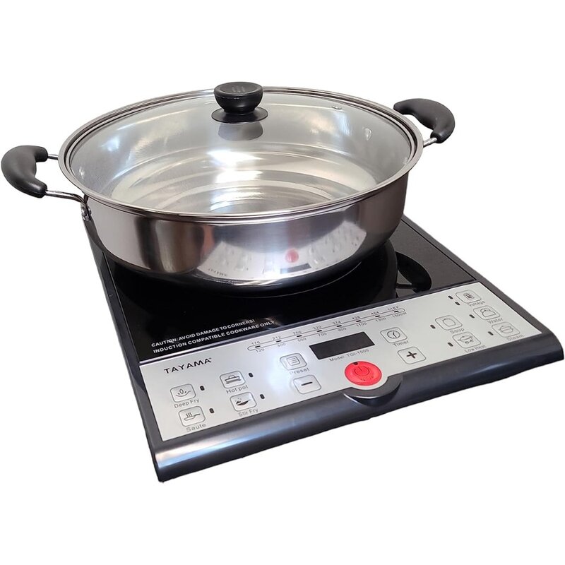 TAYAMA Single Burner 8 in. Black Ceramic Glass Hot Plate Induction Cooktop with Shabu Cooking Pot