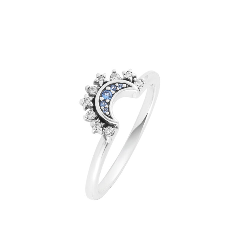 925 Sterling Silver Sparkling Moon Rings para Mulheres, Anéis Celestiais Azuis, Anel de Dedo de Casamento, Jóias Originais, Presentes DIY, 100% Novo