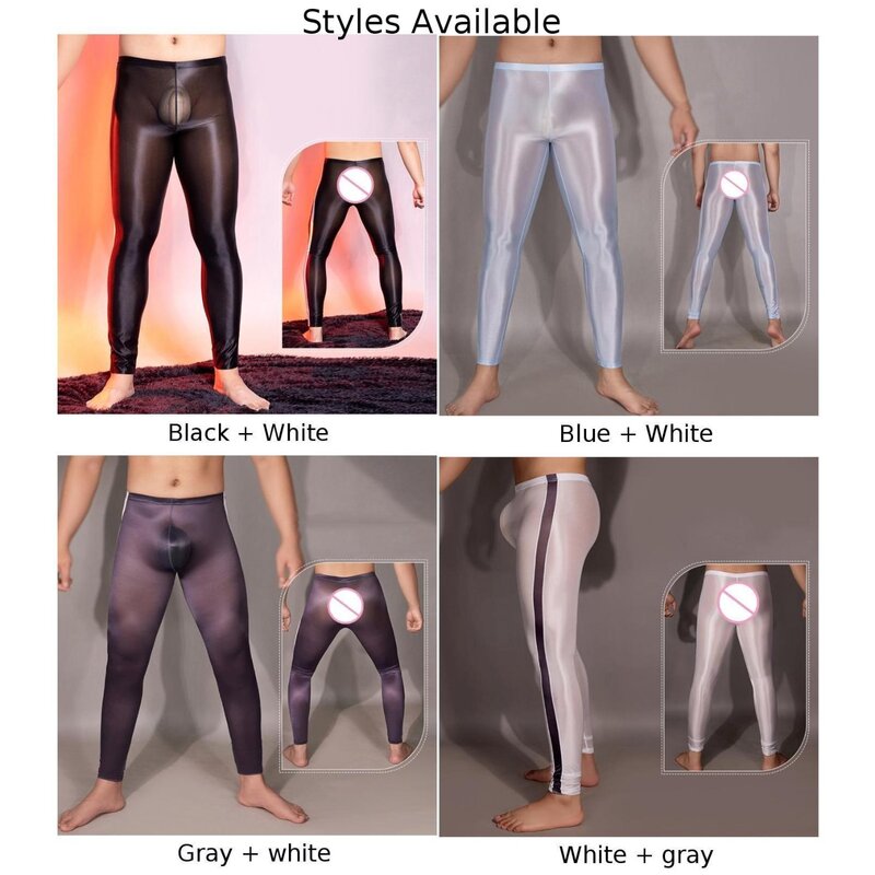 Sexy Men Elastic Oil Shiny Tight Pants Shaping Legging Gay Sissy Bulge Pouch Lingerie Homme Pajama Breathable Trousers Underwear