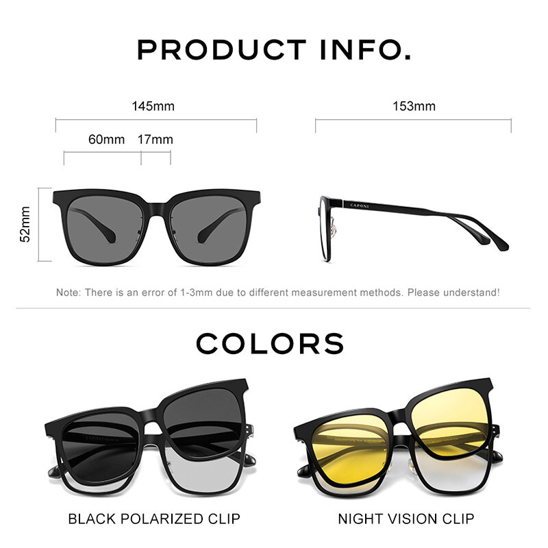 CAPONI-Montura de gafas con Clip polarizado, lentes ópticas 2 en 1, Anti luz azul, graduadas, personalizadas, 21033