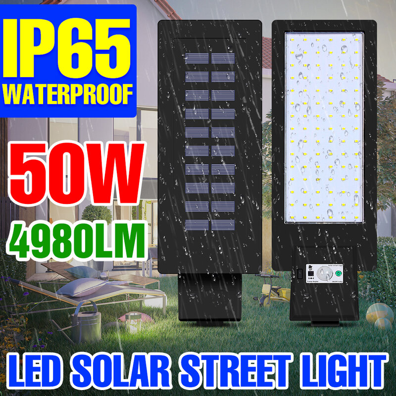 Lampione stradale a LED da 50W lampada solare da esterno IP65 proiettore impermeabile lampada con sensore di movimento PIR alimentata a luce solare per illuminazione da giardino
