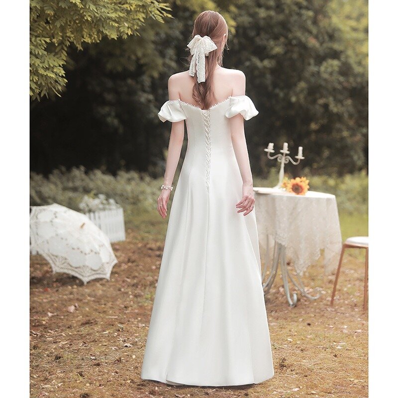 Vestido de noiva vintage vestidos de uma linha pescoço fino ajuste sólido longo lanterna manga longa saia vestidos femininos roupas de festa