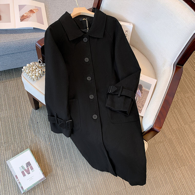 Wełniany płaszcz damski 2023 jesienno-zimowy długi rękaw dorywczo jednorzędowy czarny płaszcz Plus rozmiar 5xl 6xl 7xl 8xl 9xl