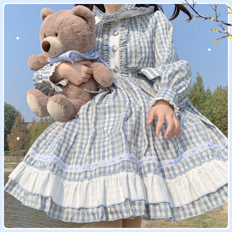 Lolita Kawaii sukienka kobiety w stylu Vintage idylliczne bawełniana w kratę z długim rękawem OP sukienka jesień wiosna Cosplay ładna dziewczyna urocza sukienka