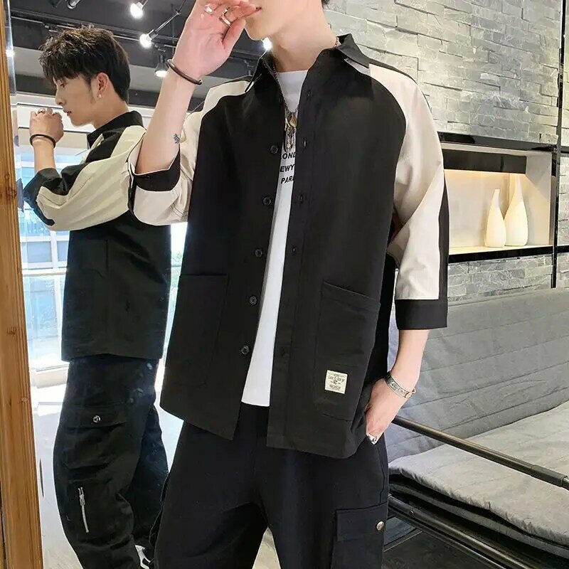 Harajuku-ropa ajustada para hombre, ropa deportiva informal holgada, prendas de vestir exteriores que combinan con todo, cuello cuadrado, manga de tres cuartos