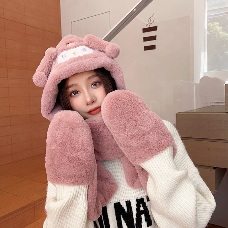 New 3 In 1 Cute Rabbit Hat And Scarf All-in-one Winter Warm Goves Thickened Outdoor Ear Protection Hat friends Christmas Gift