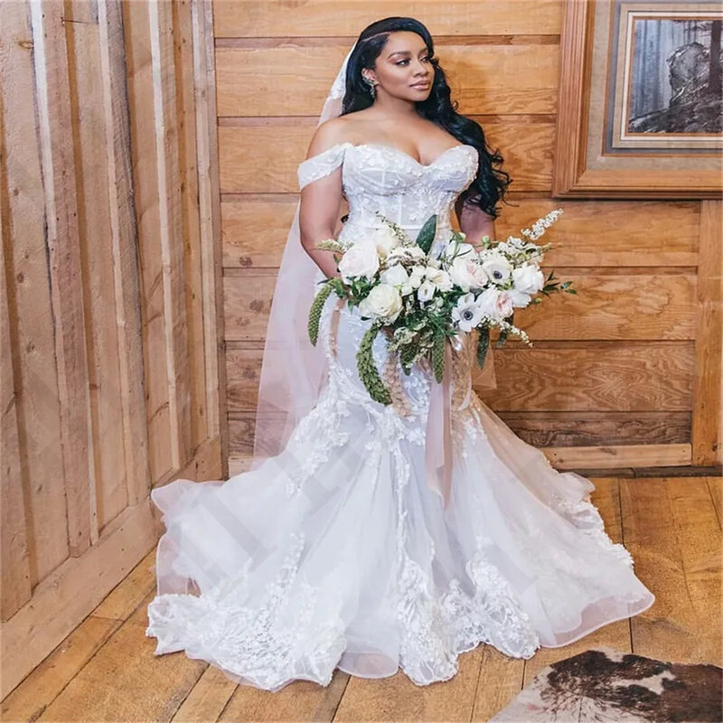 Grateful Mermaid Wedding Dress Off-Shoulder Appliqued Lace Bridal Dress Backles Sweep Train Custom Plus Size Vestidos De Novia