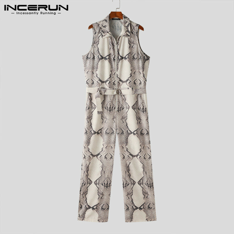 INCERUN Men Jumpsuits Printing Lapel Sleeveless Zipper Casual Male Rompers Streetwear 2024 Fashion Men Overalls With Belt S-5XL