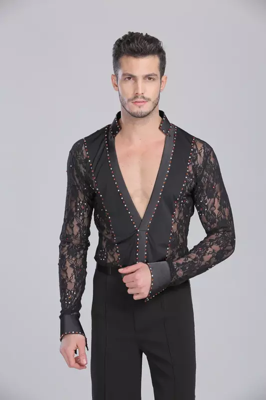 Camisas masculinas de renda de dança latina, vestuário preto e branco, Waltz Ballroom Top, Performance