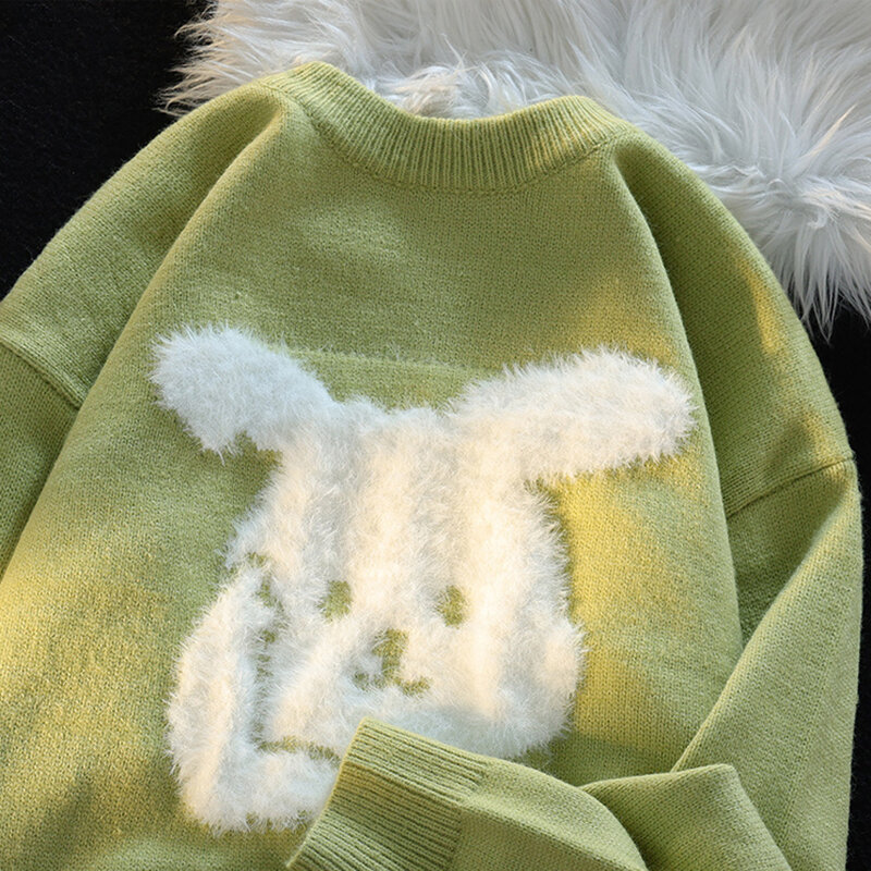 Wiosenny jesienny królik męski z dekoltem długi sweter z rękawem uroczy nadruk kreskówkowy styl Preppy moda Casual oversize para bluzki z dzianiny