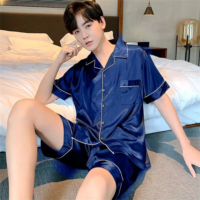 Men's Pajamas Set Silk Satin Sleepwear Shirt Long Short Sleeve Pijama Male Home Suit Soft Loungewear Big Size spring summer