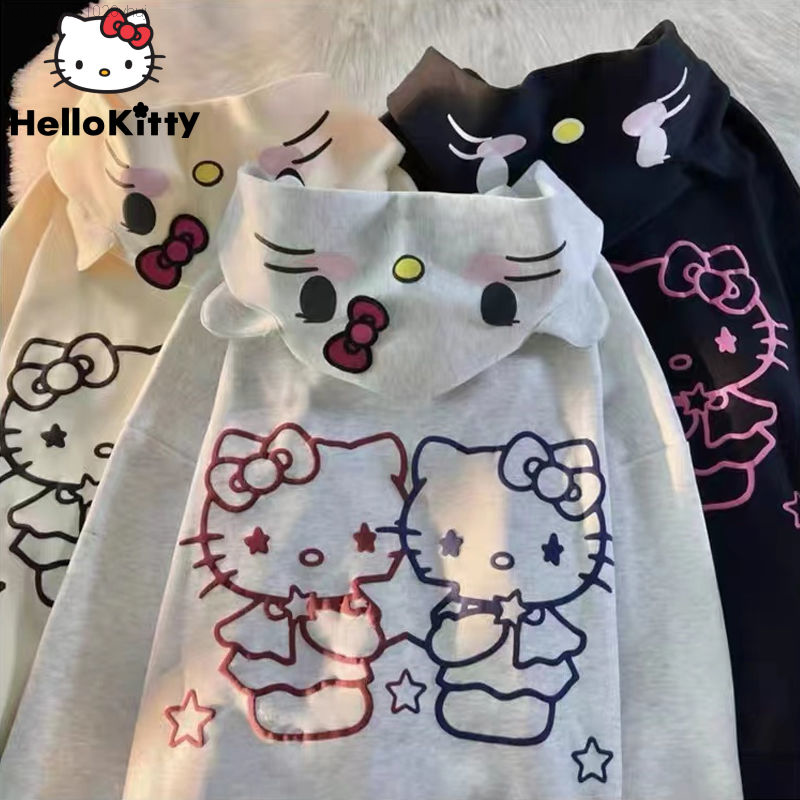 Sanrio Hello Kitty Cute Cardigan Hoodie Female Loose Oversize Hooded Sweater Yk2 Japanese Stylish Sweashirt Kawaii Lolita Hoodie