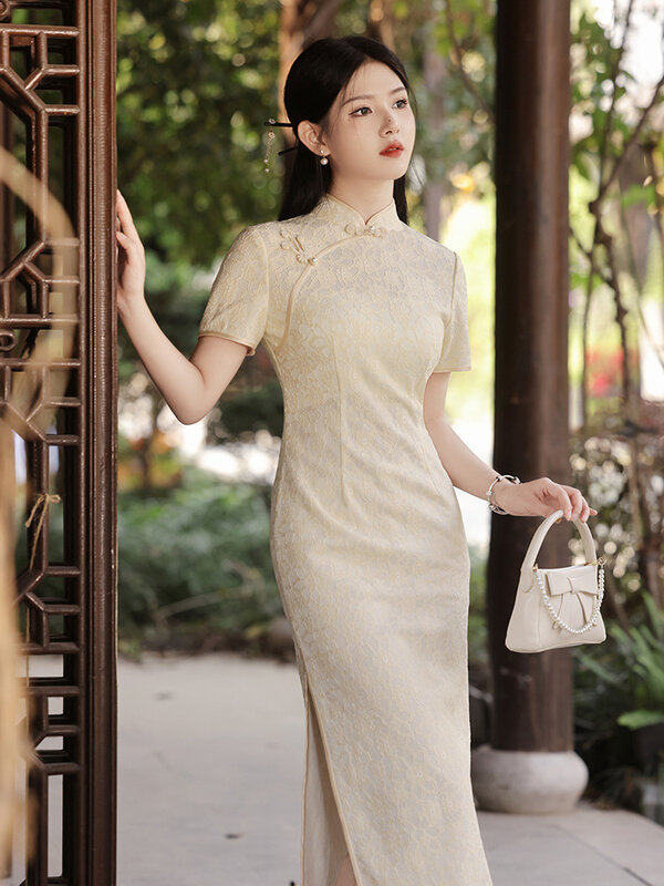 Baju Wanita lengan pendek, baju wanita ukuran Plus, gaun lengan pendek tradisional China, Gaun panjang desain renda, gaun Qipao S To XXXL