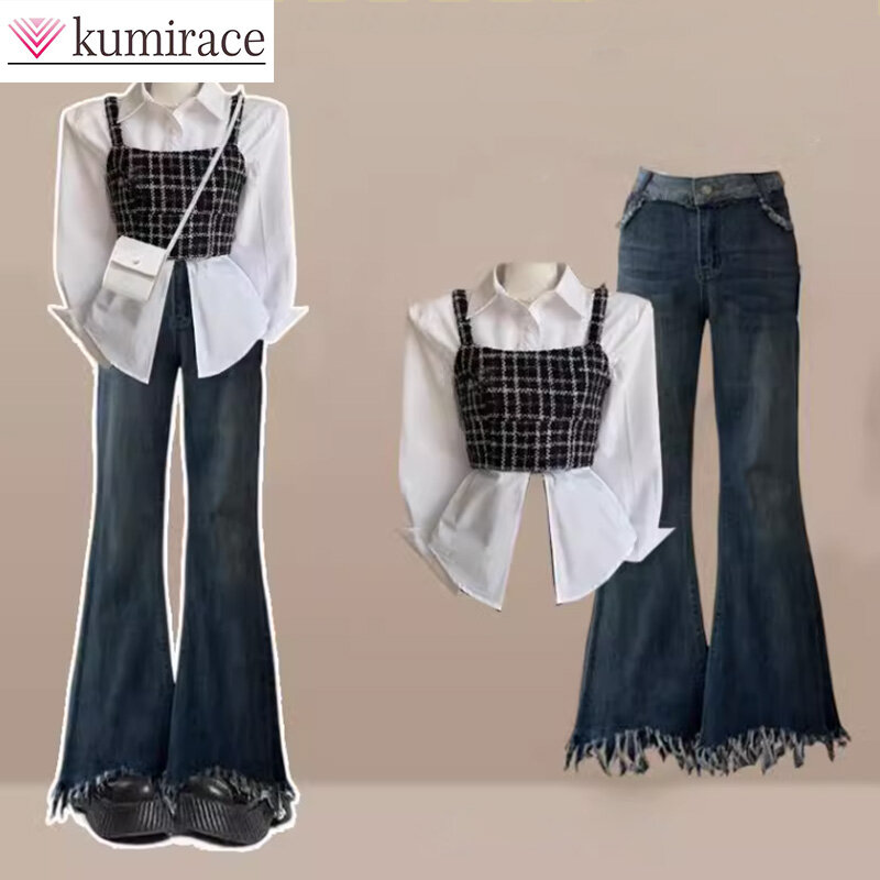 Новинка 2024, осенняя корейская мода, клетчатый жилет, универсальная рубашка, джинсы, комплект из трех предметов, комплект из двух предметов для женщин