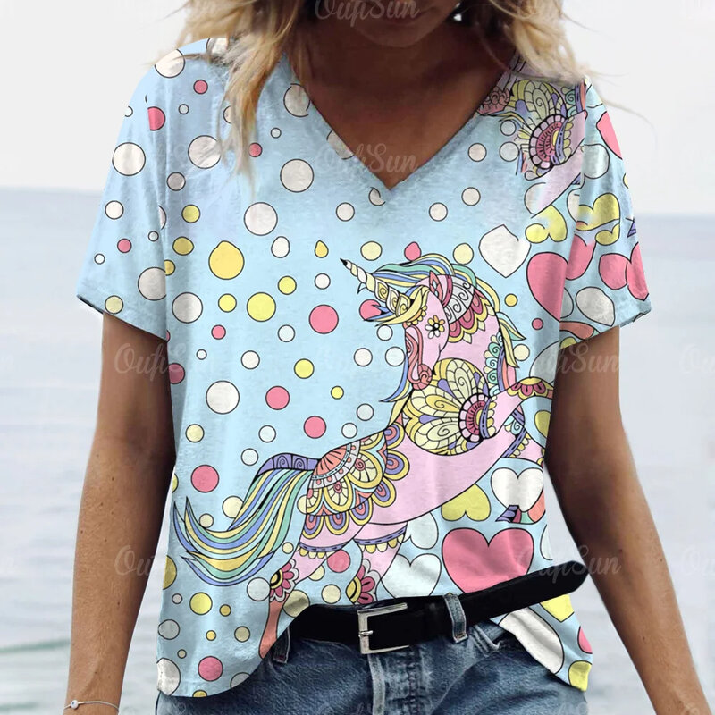 Kreskówka T-Shirt z motywem zwierzęcym nowa damska koszulka letnia moda z krótkim rękawem luźna sweter z dekoltem typu V-neck casualowa odzież damska topy