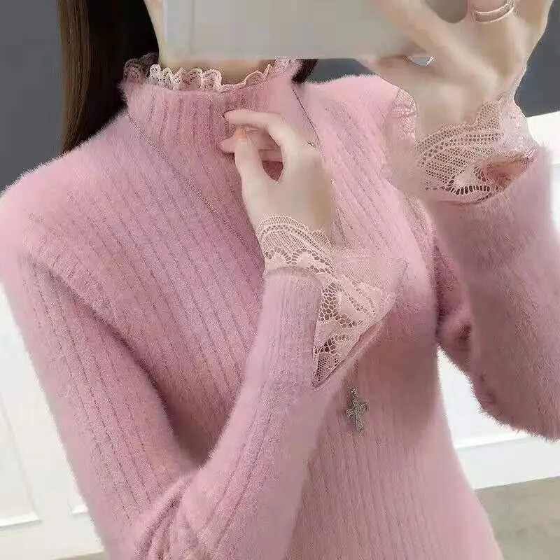 Sweater lengan panjang wanita, baju Musim Dingin Wanita Mode Korea Sweater ramping desain renda Turtleneck hangat dasar lengan panjang atasan Sweater tarik Femme