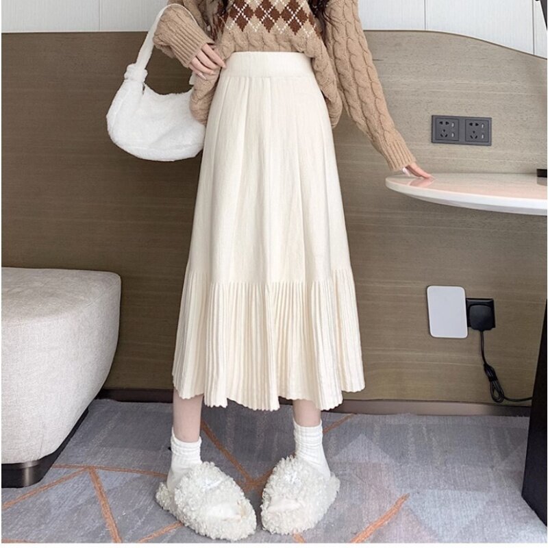 Pleated Knitted Dress Women's Autumn 2024 New A- line Mid-Length Umbrella Winter High Waist Skirt Fashion