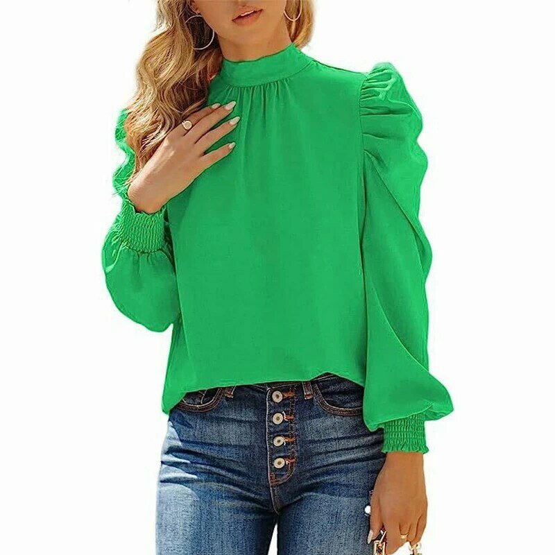 Womens Puff Sleeve Blouses Mock High Neck Pleated Top Blouse Elegant Long Sleeve Shirt Solid Color Pullover Shirts