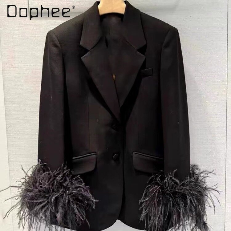 Women's Ostrich Feather Black Blazers 2024 Early Spring New High-End Loose Woman Long Sleeve Suit Collar Mid-length Blzer Jacket