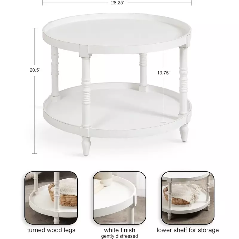 Bellport โต๊ะกาแฟทรงกลมแบบดั้งเดิมสำหรับตกแต่งห้องนั่งเล่น29x29x21โต๊ะทานข้าวสีขาวที่เก็บของ