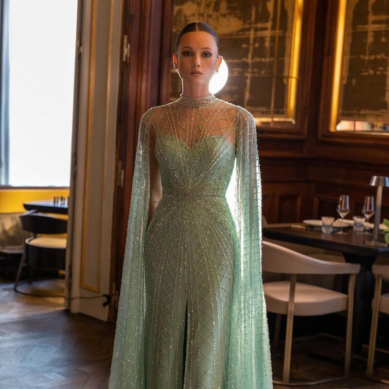 Luxury Cap Sleeves Evening Dresses Women 2023 Mint Green Beaded Open Back Glitter Tulle Arabia Formal Dress Vestidos Noche