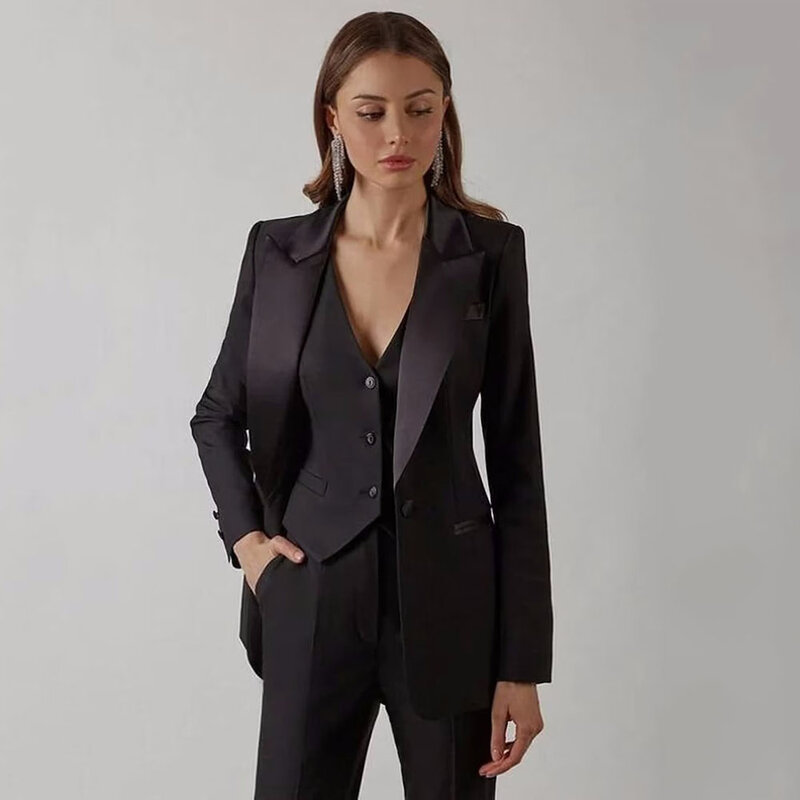 Eenvoudige Vrouwen 3 Pc Zwart Pak Single Breasted Custom Made Designer Katoenen Jas Vest Met Broek Op Maat Gemaakt