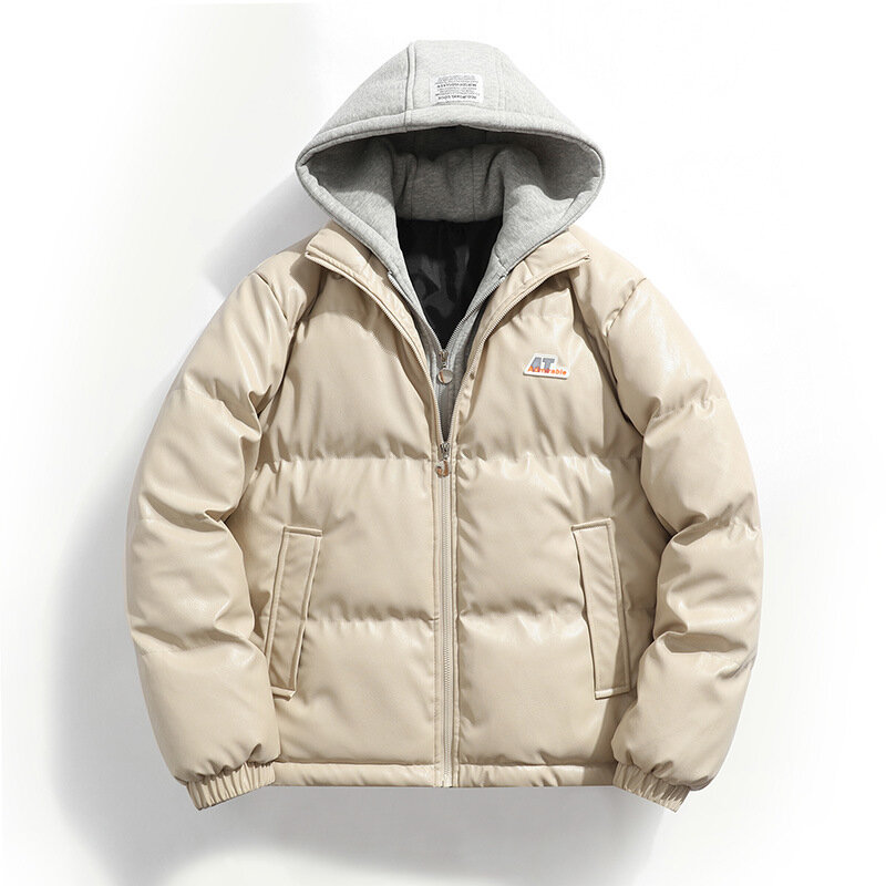 Giacche in pelle da uomo inverno moda americana finta giacca con cappuccio in due pezzi giacca in pelle spessa PU uomo donna coppia Parka Jacket