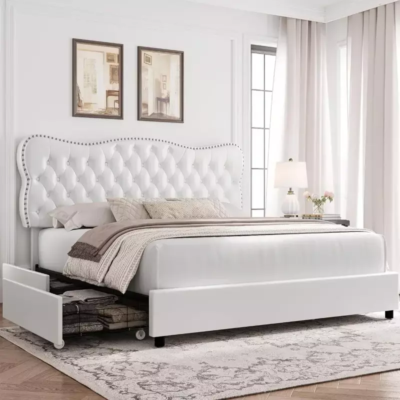 Rama łóżka typu king-size/queen-size z 4-szufladą do przechowywania, tapicerowane ramy łóżek na platformie z zagłówkiem z guzikami, rama łóżka