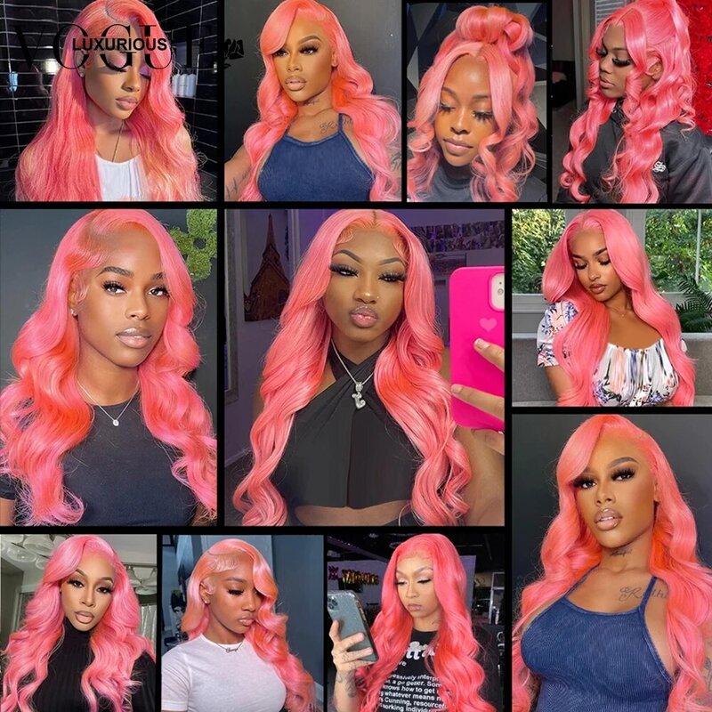 Glueless rosa chiaro colorato onda del corpo parrucche frontali dei capelli umani 13x4 HD parrucca brasiliana anteriore in pizzo trasparente per donna in vendita