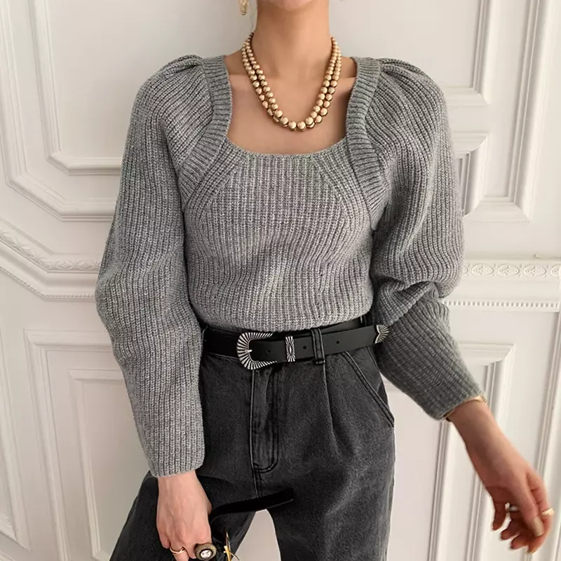 Jersey de manga larga con cuello cuadrado para mujer, suéter de punto gris, suave y minimalista, suave e informal, para invierno, 2022