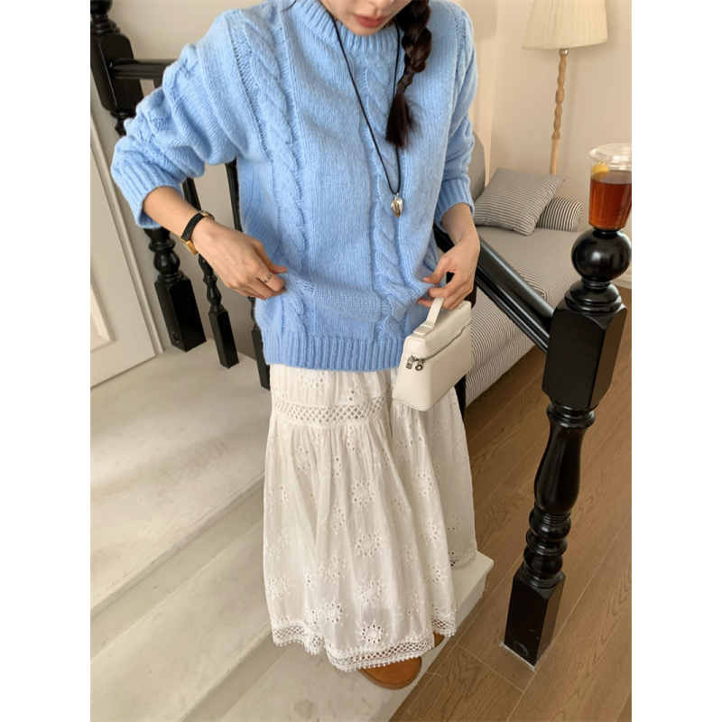 Women's Clothing Korean Blue Knitting Sweater Solid Long Sleeves Vintage Casual Fashion Baggy Ladies Spring Red Round Neck Tops