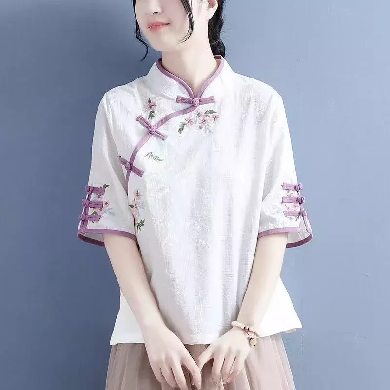 중국 스타일 젠 티 의류, 한푸 코튼 린넨 셔츠, 탕 세트 자수, 버튼 개선