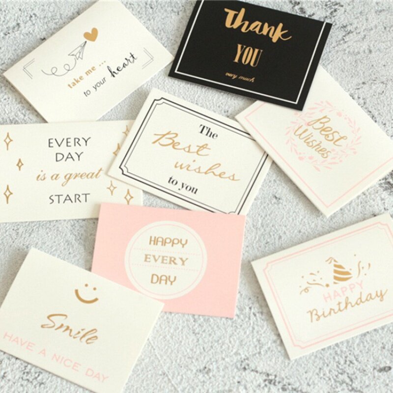Cartões brancos com folha de ouro, cartão e envelope, dias de feliz nascimento, produto personalizado, estoque ou design personalizado
