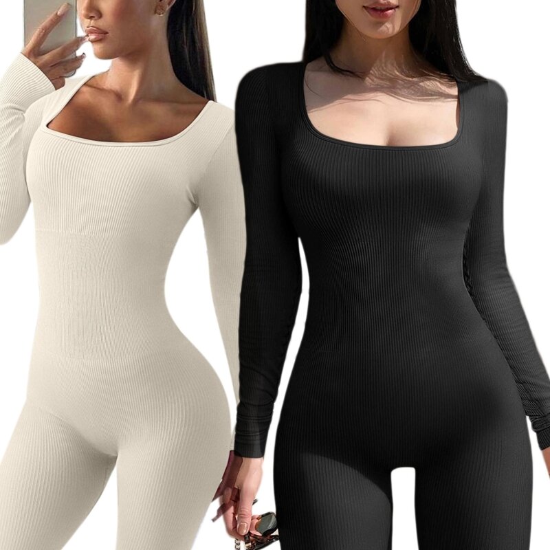 Womens Thumbhole Long Sleeve Square Neck High Waist Bodycon Jumpsuits Solid Color One Piece Ribbed Knit Workout Rompers N7YD