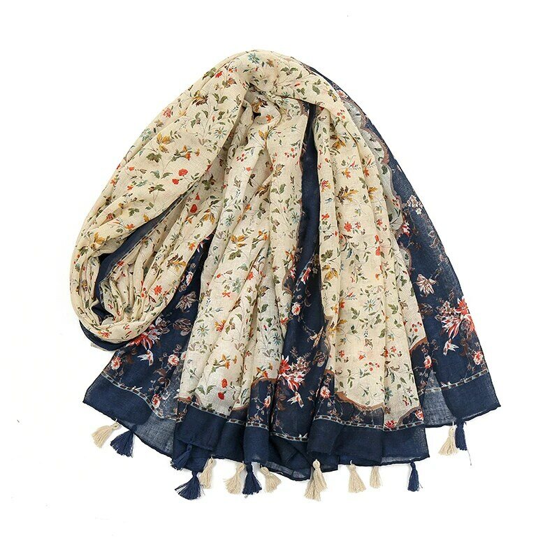 Chal grande con borlas de flores estampadas para mujer, bufanda musulmana de algodón viscosa, Floral, elegante, 185x90CM, novedad