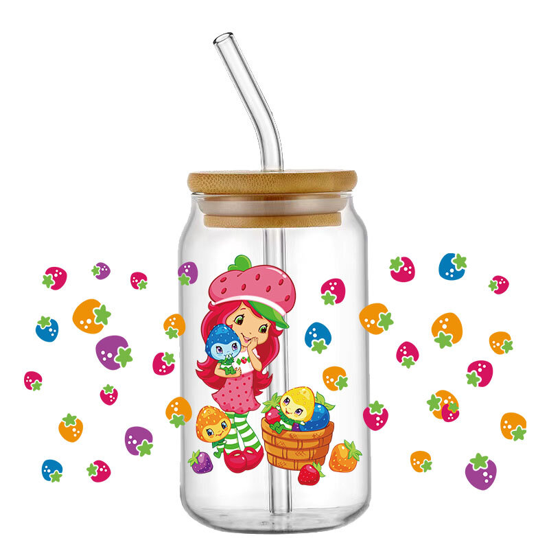 Cartoon Strawberry 16OZ UV DTF Cup Wraps Transfer Sticker per Glass Libbey Can Bottle autoadesivo lavabile fai da te personalizzato