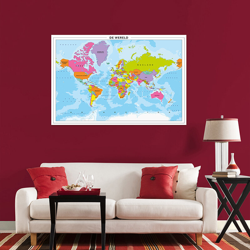 Mapa do Mundo em Holandês, Pintura não tecida, Poster de Parede, Escritório, Decoração do Lar, Escola, Suprimentos para Sala de Aula, 150x100cm