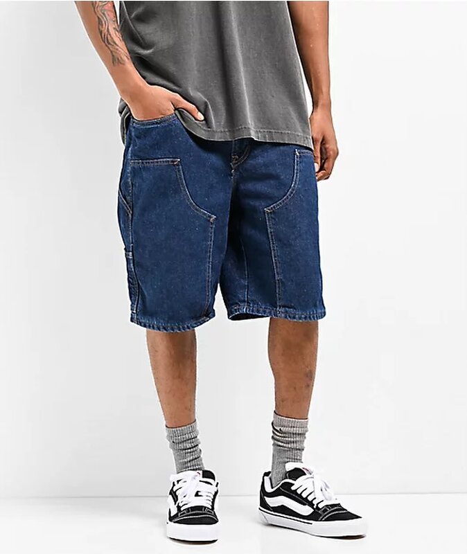Celana pendek pria, celana pendek koboi Skateboard abu-abu baru Amerika desain bordir kartun Jeans longgar kaki lebar jalan Y2K pasangan