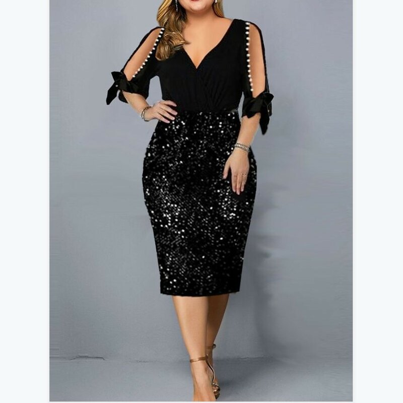 Big Size Clothing 2024 New Summer Loose Woman Slim Dress Sexy V Neck Personalized Sequin Design Plus Size Dress Party Vestidos