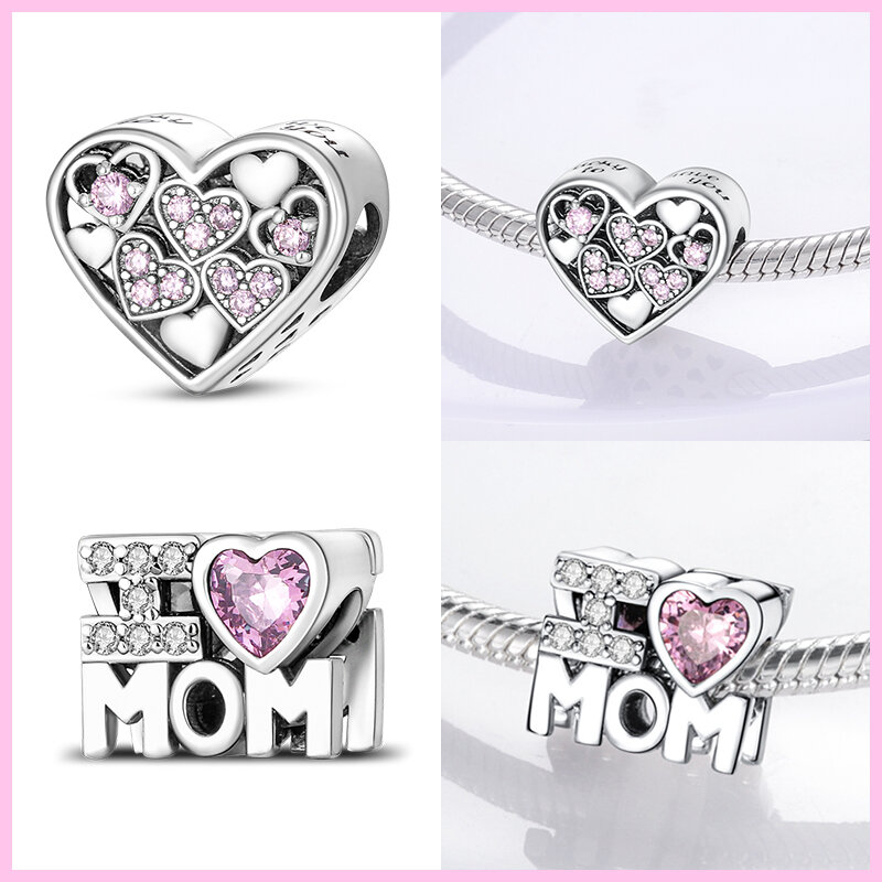 Perak Murni 925 Asli Seri Merah Muda Manik Jimat Hati Cocok Pandora 925 Gelang Asli DIY Hadiah Perhiasan Hari Ibu untuk Ibu