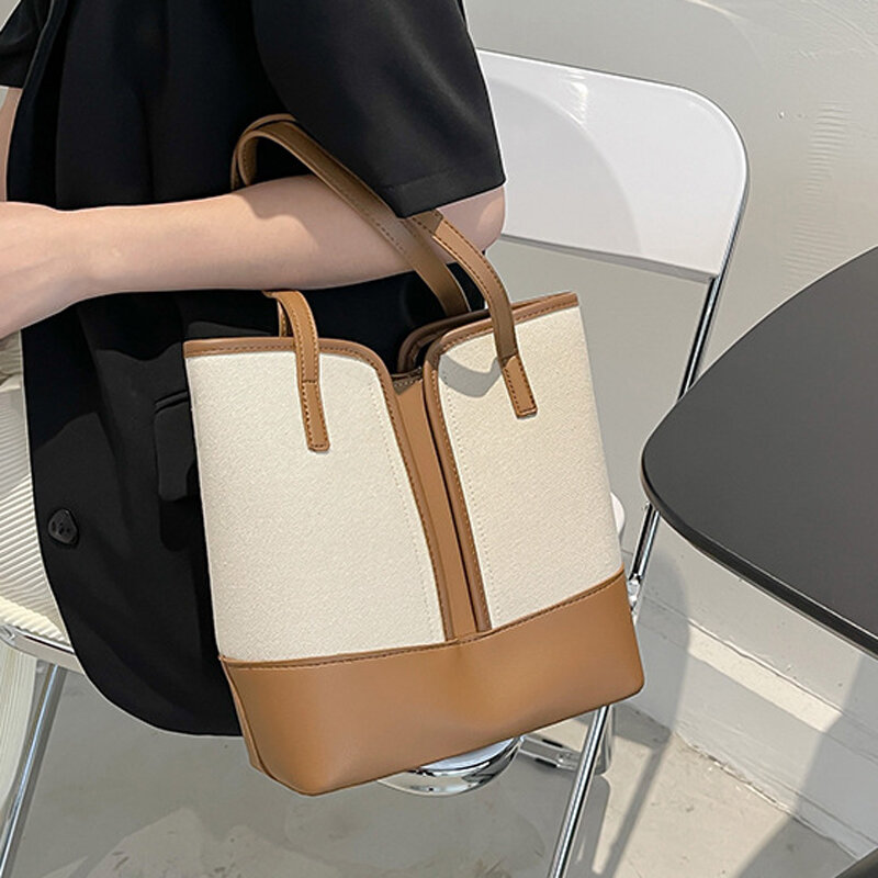 2023Fashion Design Women Bucket Bag High Quality Simple Retro  Patchwork Shoulder Bags leather bag